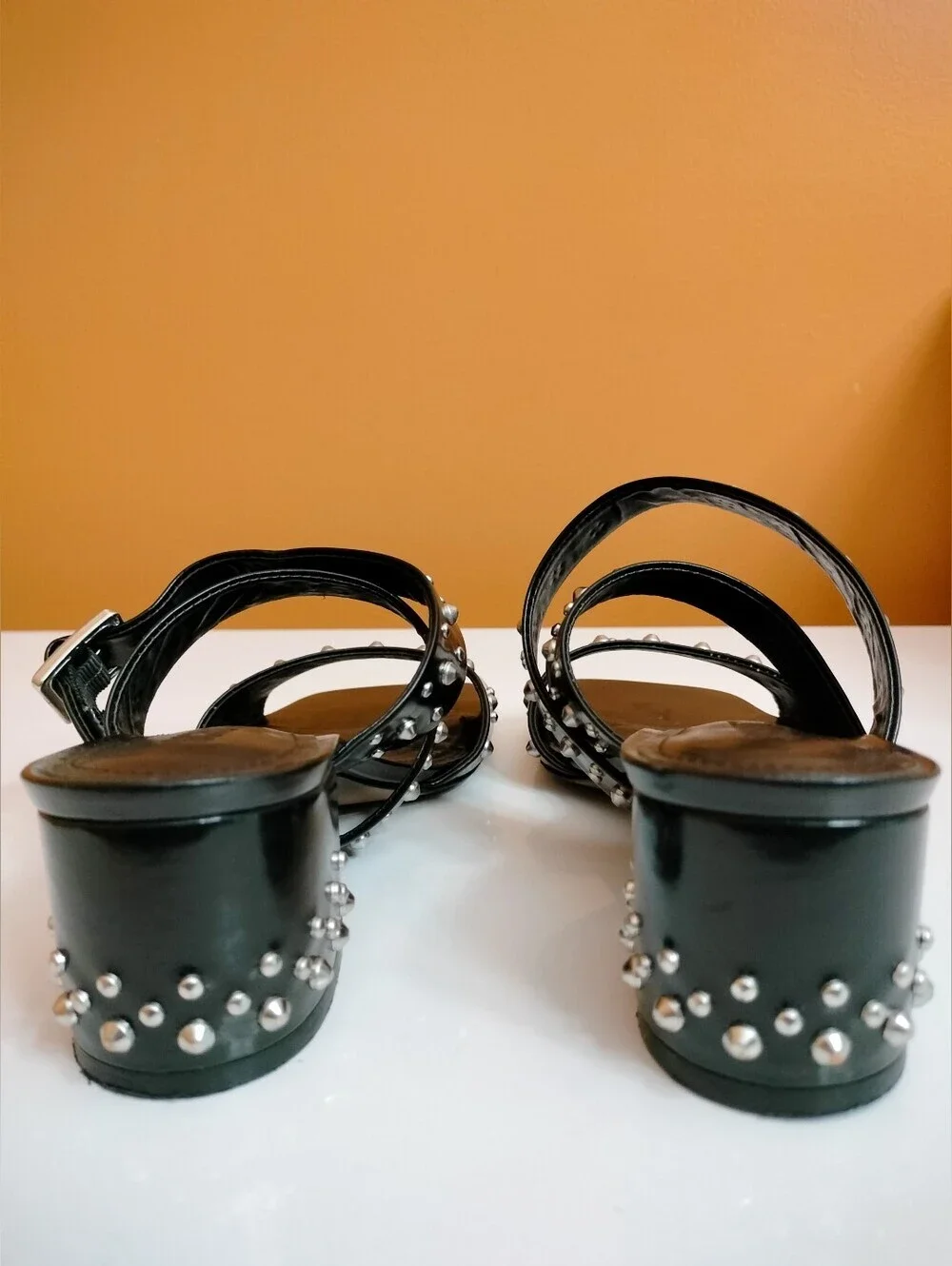 Schutz Studded Leather Heeled Sandals Black Size 6.5 Edgy Minimalist